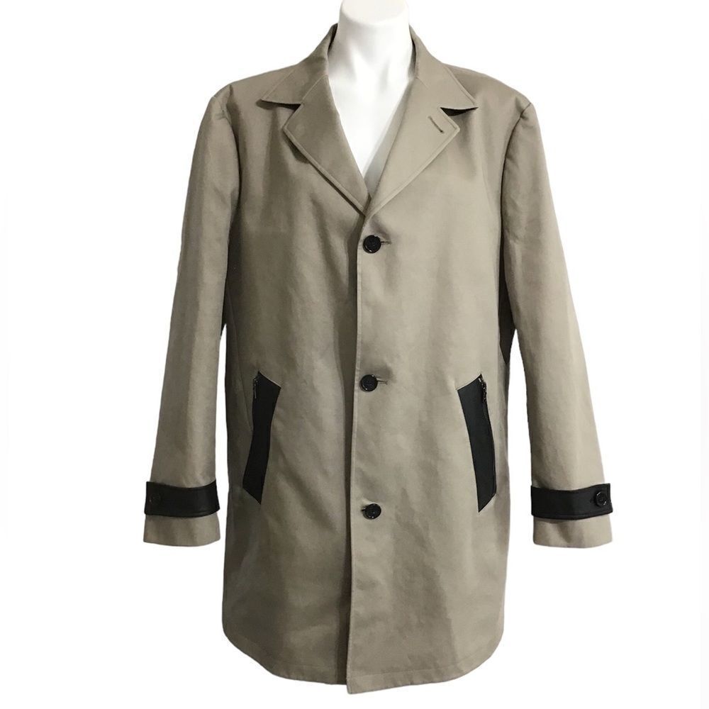 Michael Kors Men Tan Leather Trimmed Trench Coat Size XL